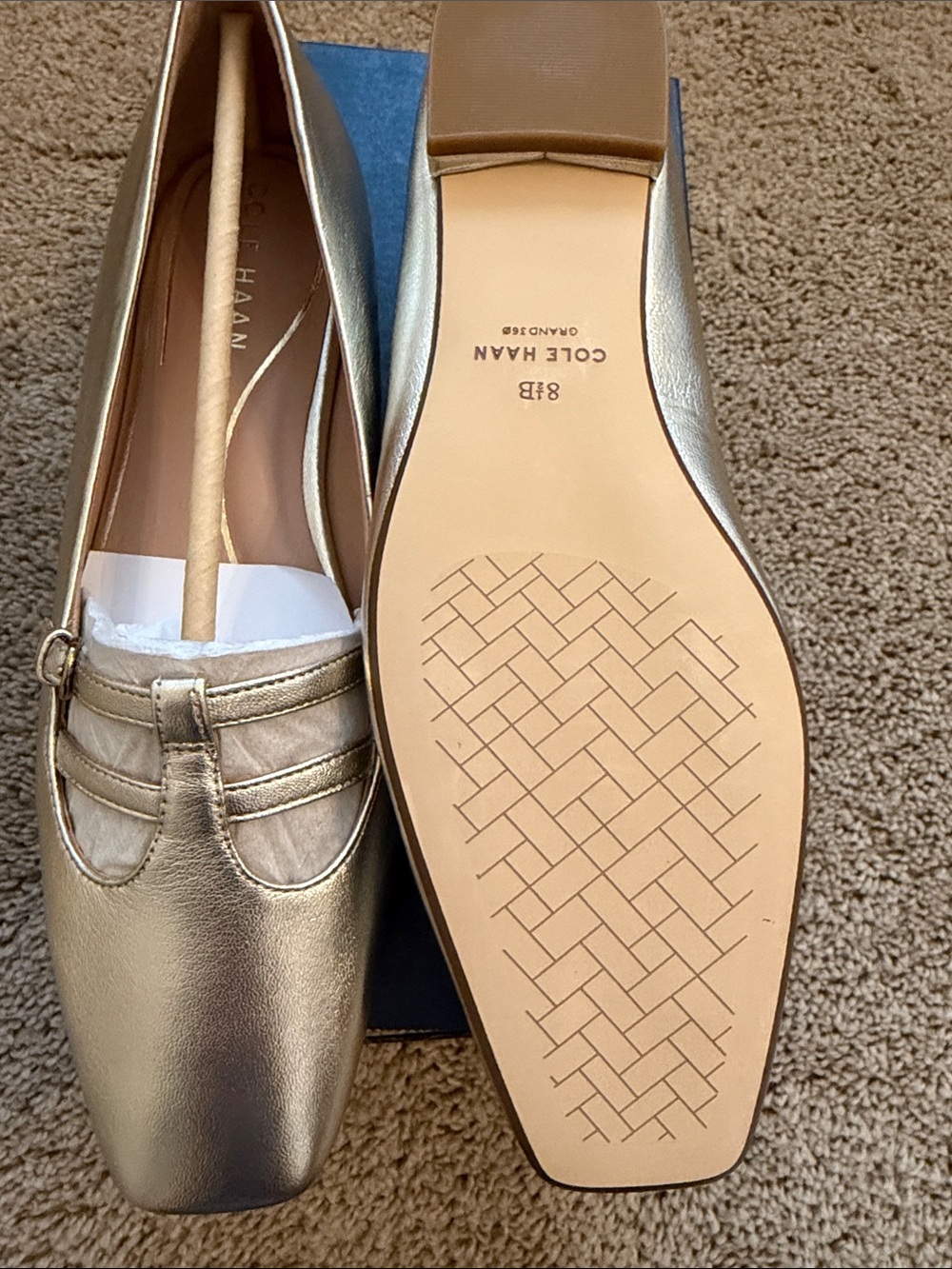 Cole Haan Metallic Gold Leather Square-Toe Tstrap ballet flat- 8.5 Brand New - Picture 2 of 5